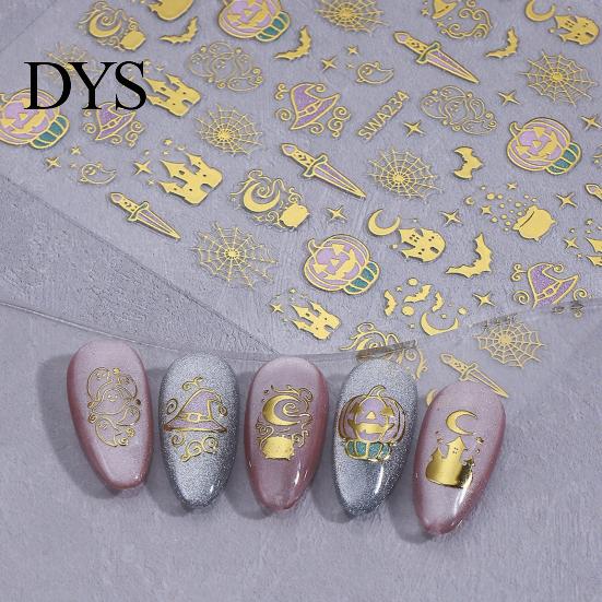 Holiday Nail Stickers Halloween 3D Art Stickers, Metallic Golden Pumpkin Ghost Spider Web DIY Supplies Witch Hat Decals, Self-Adhesive Manicure