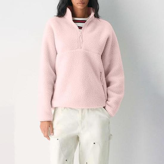 Women's Half Zip Pullover Fleece Jacket Long Sleeve Stand Collar Sherpa Sweatshirt with Pockets Fall Fuzzy Warm Outerwear