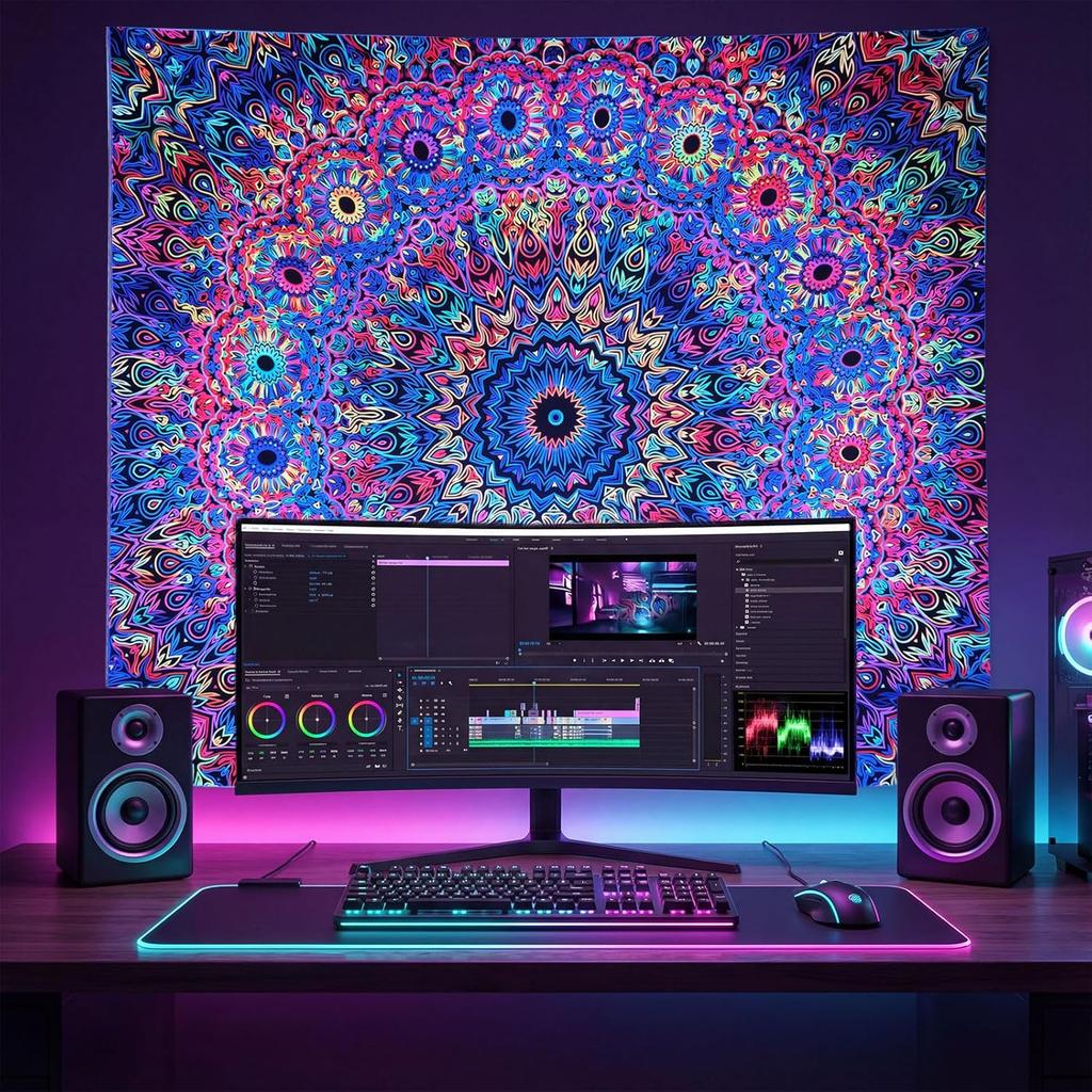PRRPRR Blacklight Mandala Tapestry for Bedroom, UV Reactive Trippy Wall Tapestry, Bohemian Aesthetic Wall Art Decor for Adults Teens and