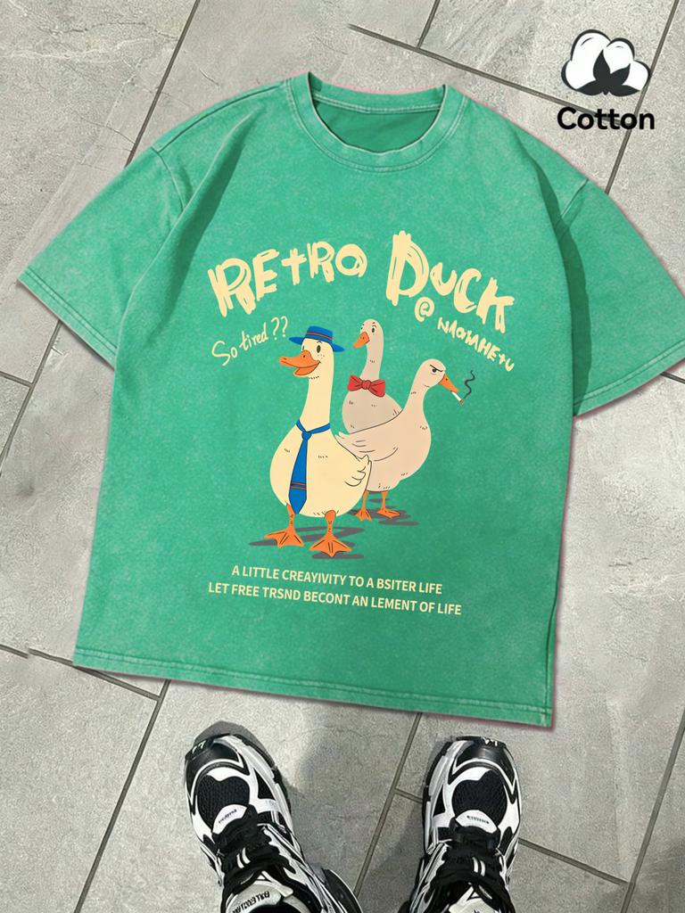 Retro Duck DoesnT Feel Tired Retro Men TShirt Wash Casual Cotton Tee Fashion Loose Short Sleeve Unisex Street Clothing