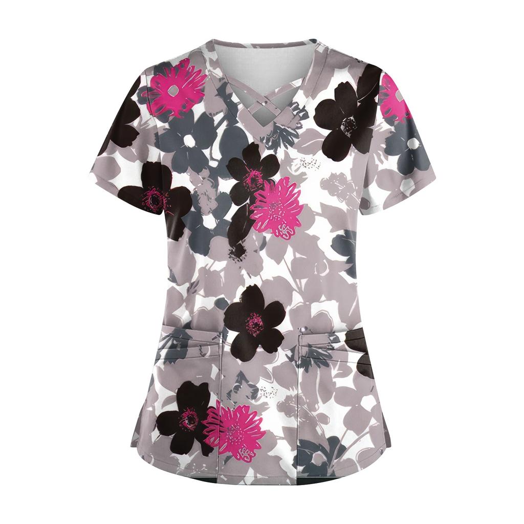 Plus SizePrinted Scrub Working Uniform Tops para mulheres Cross V-neck Halloween Print manga curta camisetas divertidas Workwear Tee com bolsos