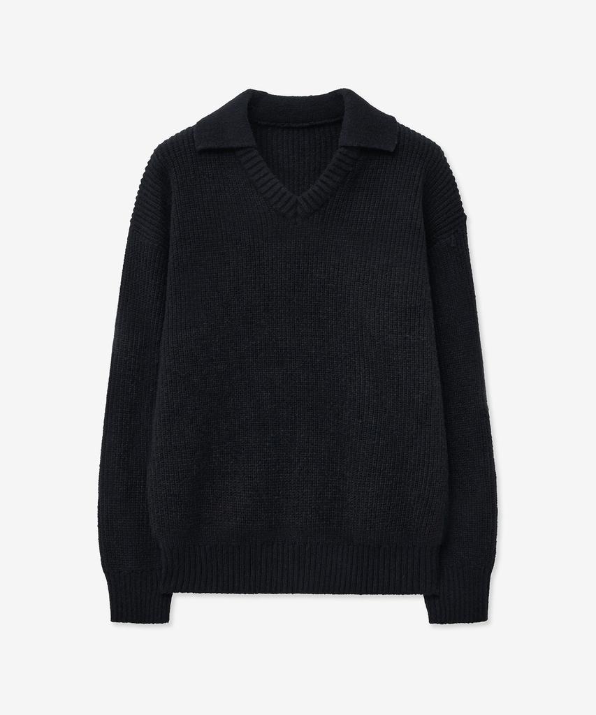 BLOND9 Open Collar V-Neck Knit_Black
