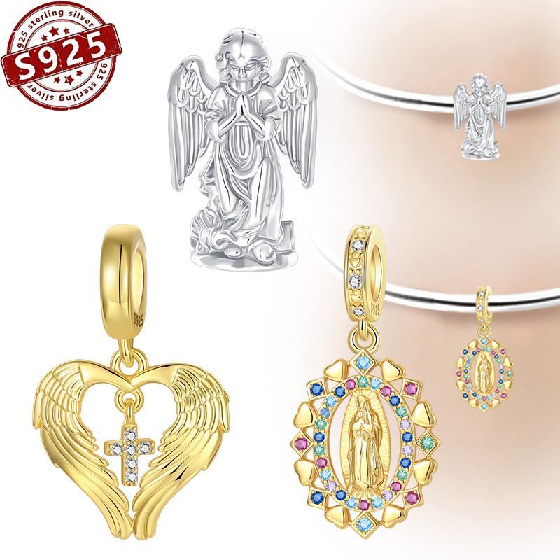 Copper Angelic Cross Virgin Mary Gold Pendant Religious Series Fit Charm Bracelet For Women Fine Jewelry Making