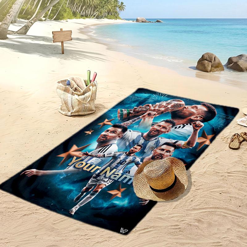 Asciugamano da Spiaggia Personalizzato Stampato Lionel Messi Logo Calcio Supporto Nome Personalizzato Testo Asciugamano Assorbente Per Sport Viaggio Regalo Speciale
