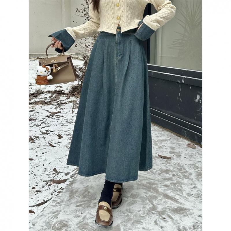 Dámská elegantní džínová patchworková souprava: Pletený top s dlouhým rukávem a midi sukně s vysokým pasem