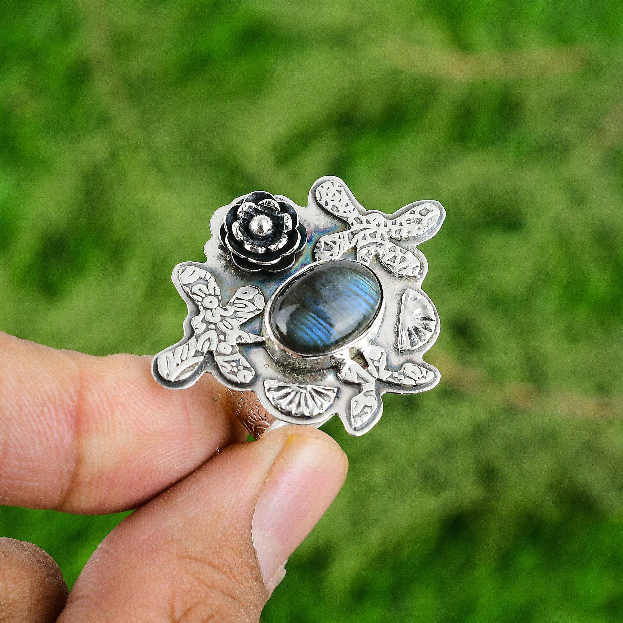 

Natural Labradorite 925 Silver Multi Stone Flower Adjustable Ring For Women Adjustable