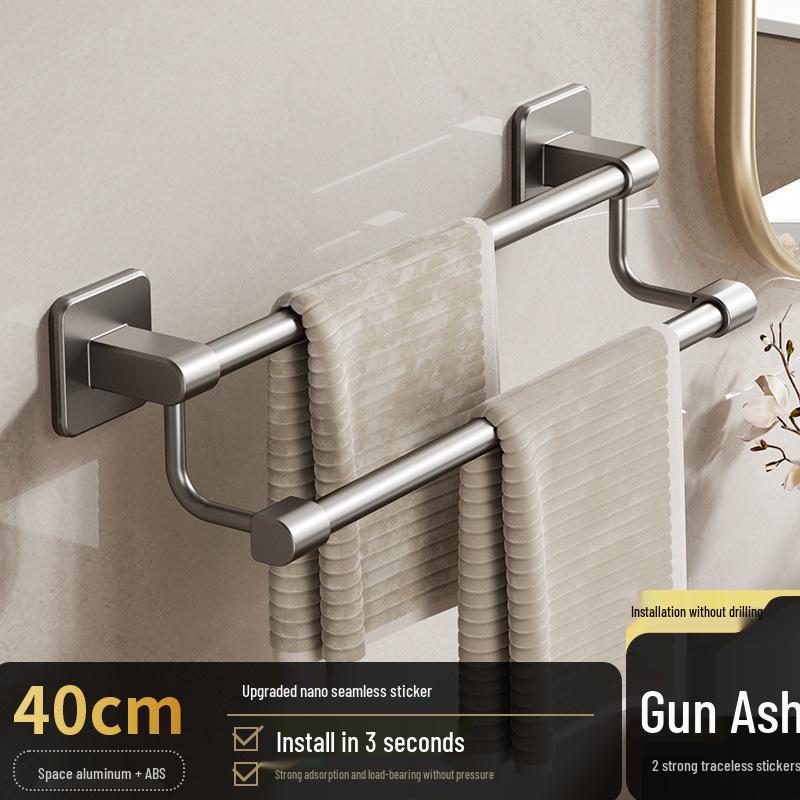 No-Punch Wall-Mounted Bathroom Towel Rack with Single Bar and Storage Shelf