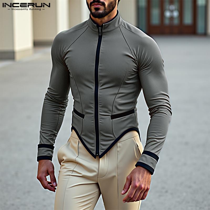 INCERUN Men Stand Neck Zip-Up Long Sleeve Irregular Stitching T-shirts Tops