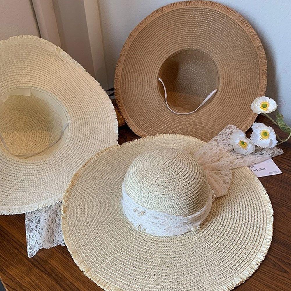 Casual Woven Straw Hat Lace Bow Sun Shading Beach Hat Large Brim Summer Hat Women