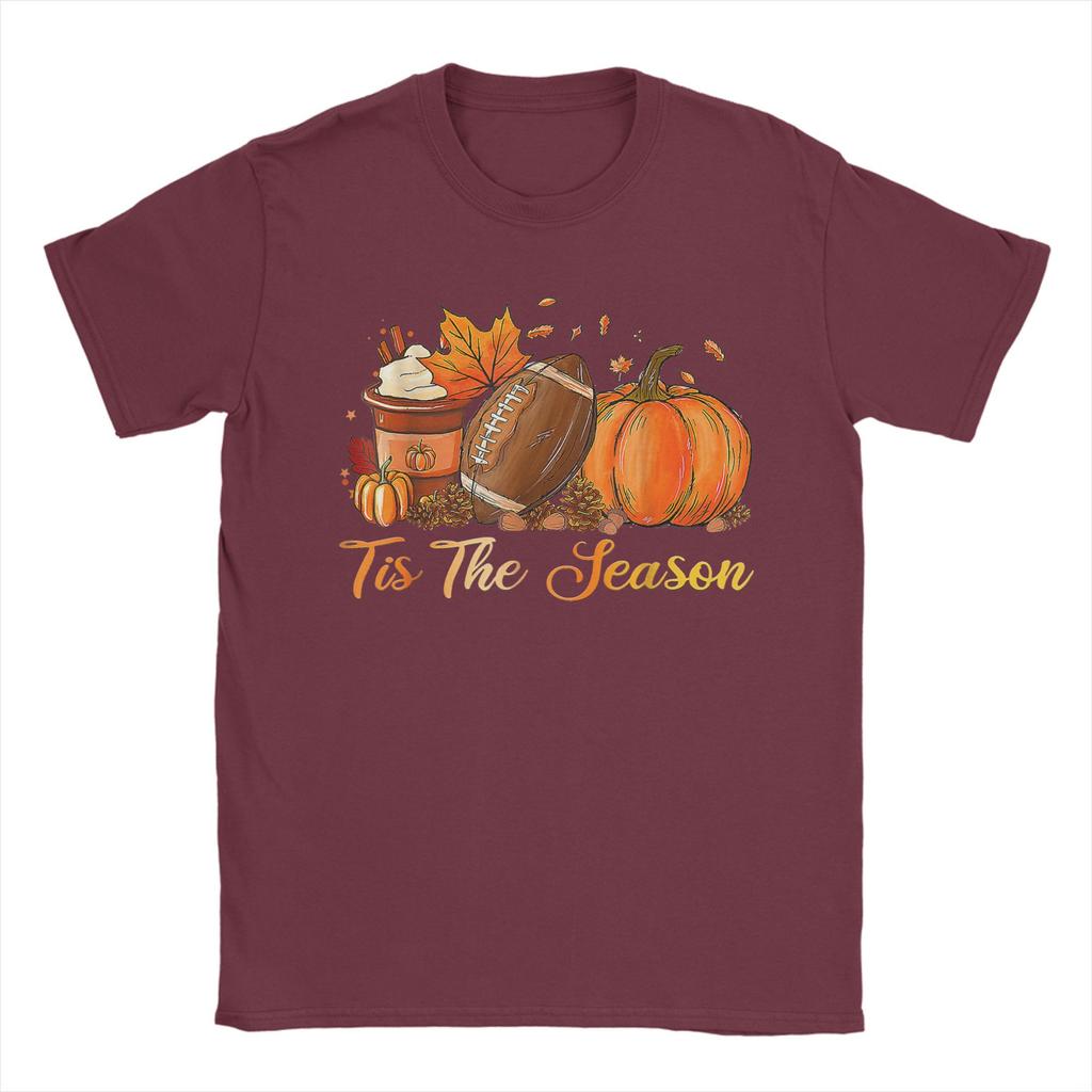 Unisexs TShirts Pumpkin Spice Football Tis The Season Fall Thanksgiving Tees Short Sleeve T Shirts Crew Neck Clothing Classic