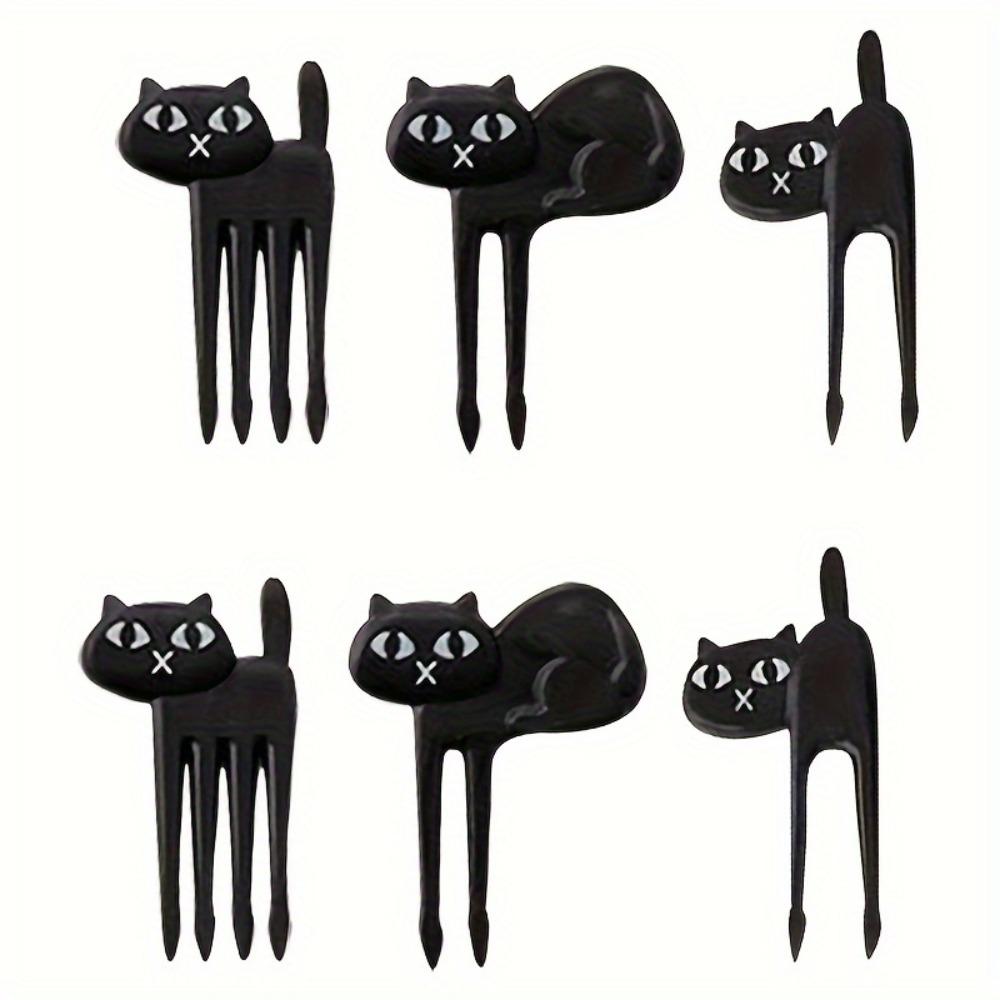6pcs Set of Black Cat-Shaped Salad Forks Japanese Black Cat Fruit Fork - Cute Cartoon Animal Fruit Picks for Desserts,
