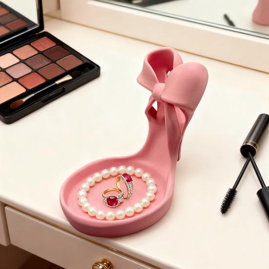Pink Stiletto Jewelry Tray 3D Printed High Heel Jewelry Dish with Bow Women Ring And Earring Holder Jewelry Display Stand for Bedroom Vanity Table