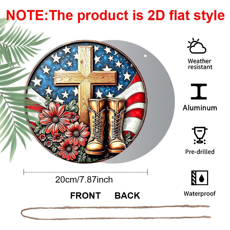 2D Flat Retro Round Aluminum Wall Decor, Memorial Day Cross & Boots Design, Indoor Outdoor Hanging Plaque, Memorial Home Gift
