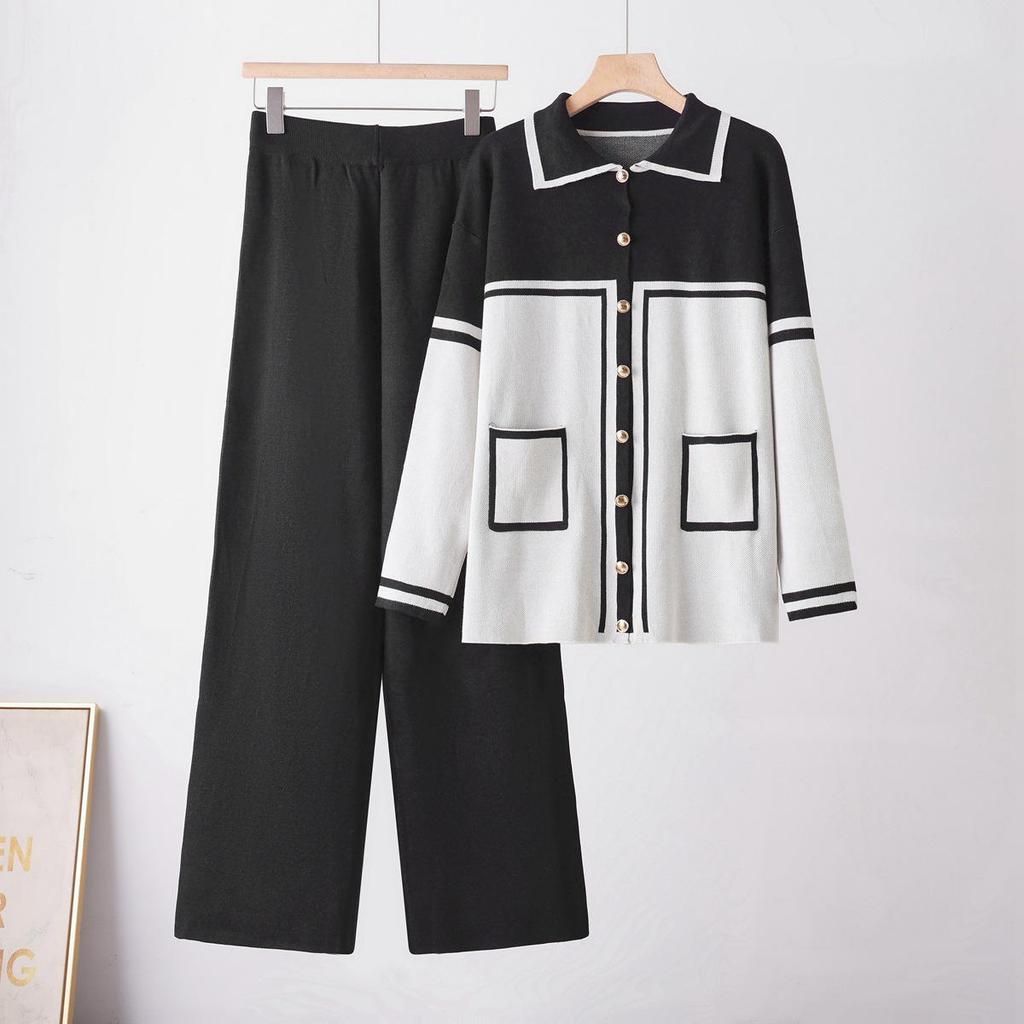 2025 Fall/Winter Women's Color Block Knit Cardigan & Casual Two-Piece Set