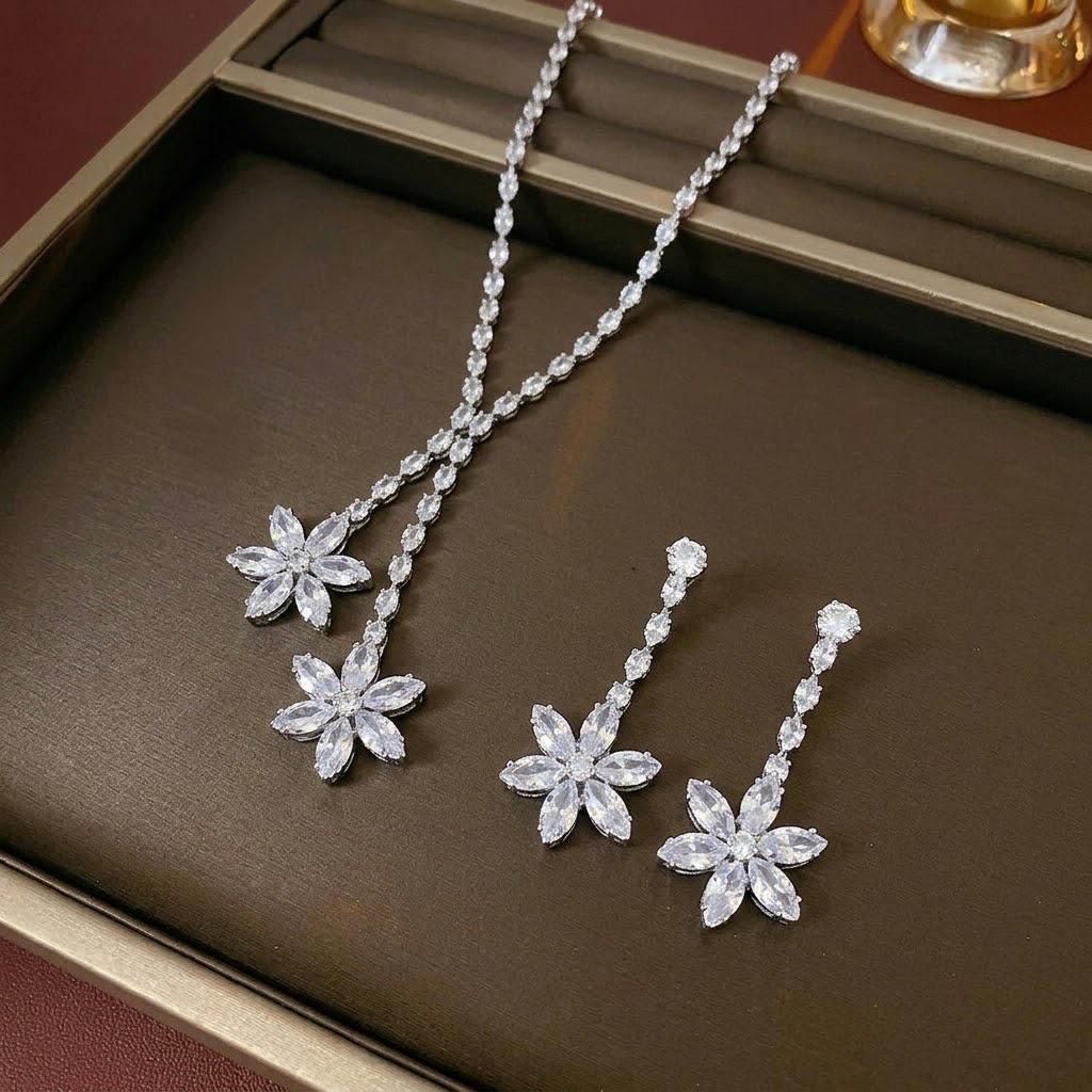 European-American Fashion Zircon Necklace & Earrings Set - Five-Petal Flower Design