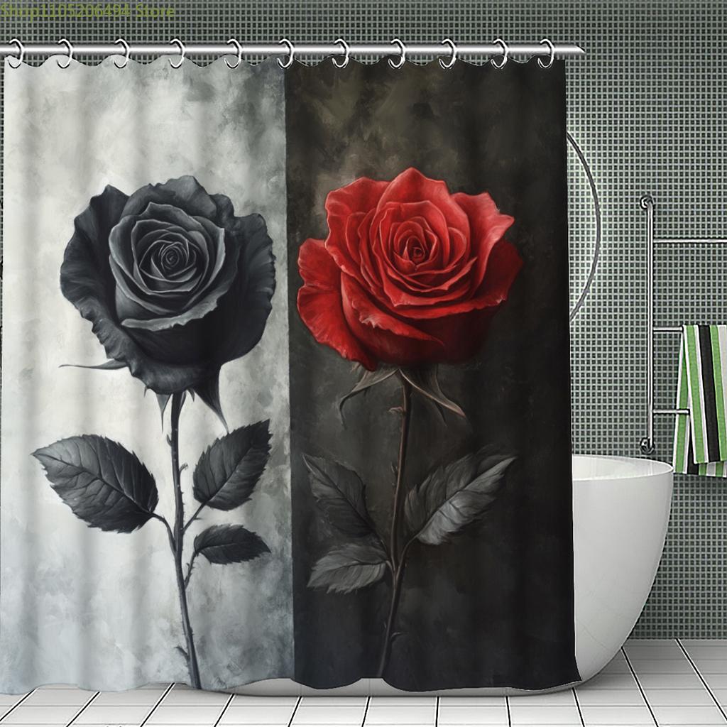 1/3/4 Stück Schwarze und Rote Rosen Duschvorhang, Badezimmerdekoration, Duschvorhang-Set Enthält Badezimmerteppich, U-förmigen Teppich, Toilettendeckel