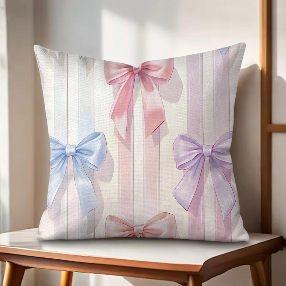 Pink Bow Cushion Cover Natural Linen Organic Fabric DoubleSided Printing Couch Pillow Covers Home Decor