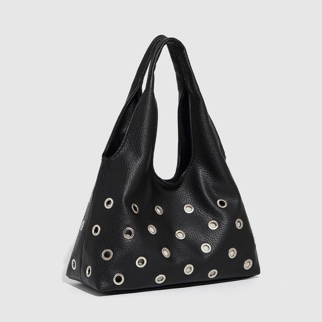 Punk Rivet Women Shoulder Bag Soft PU Leather Tote Bags for Women Handbag Half Moon Hollow Studded Shopper Tote Bucket Bags