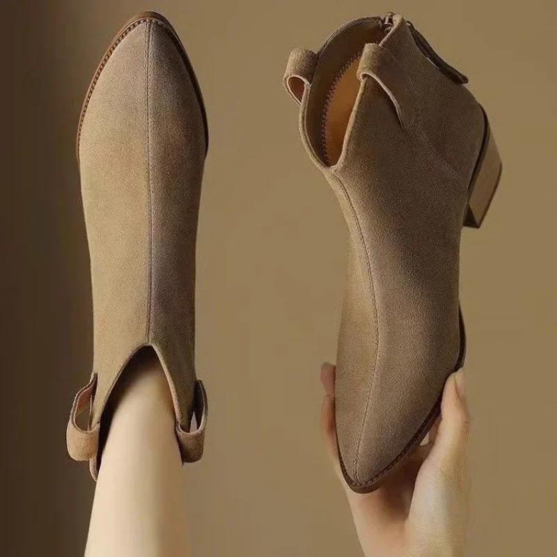 Autumn/winter New Style Women's Boots French Frosted Leather Short Boots Medium High Heels Vintage Western