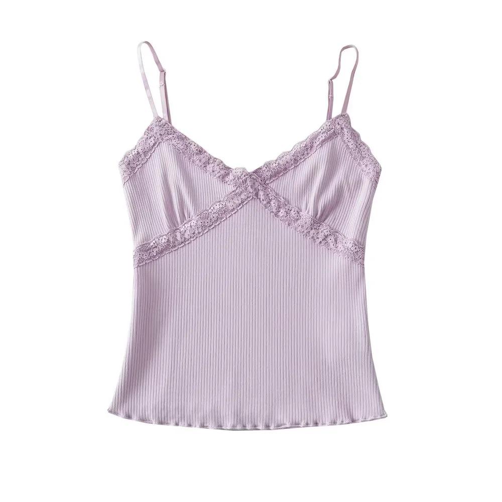Summer 2023 Lace Trim V-Neck Stretchy Bodycon Camisole Tank Top for Women