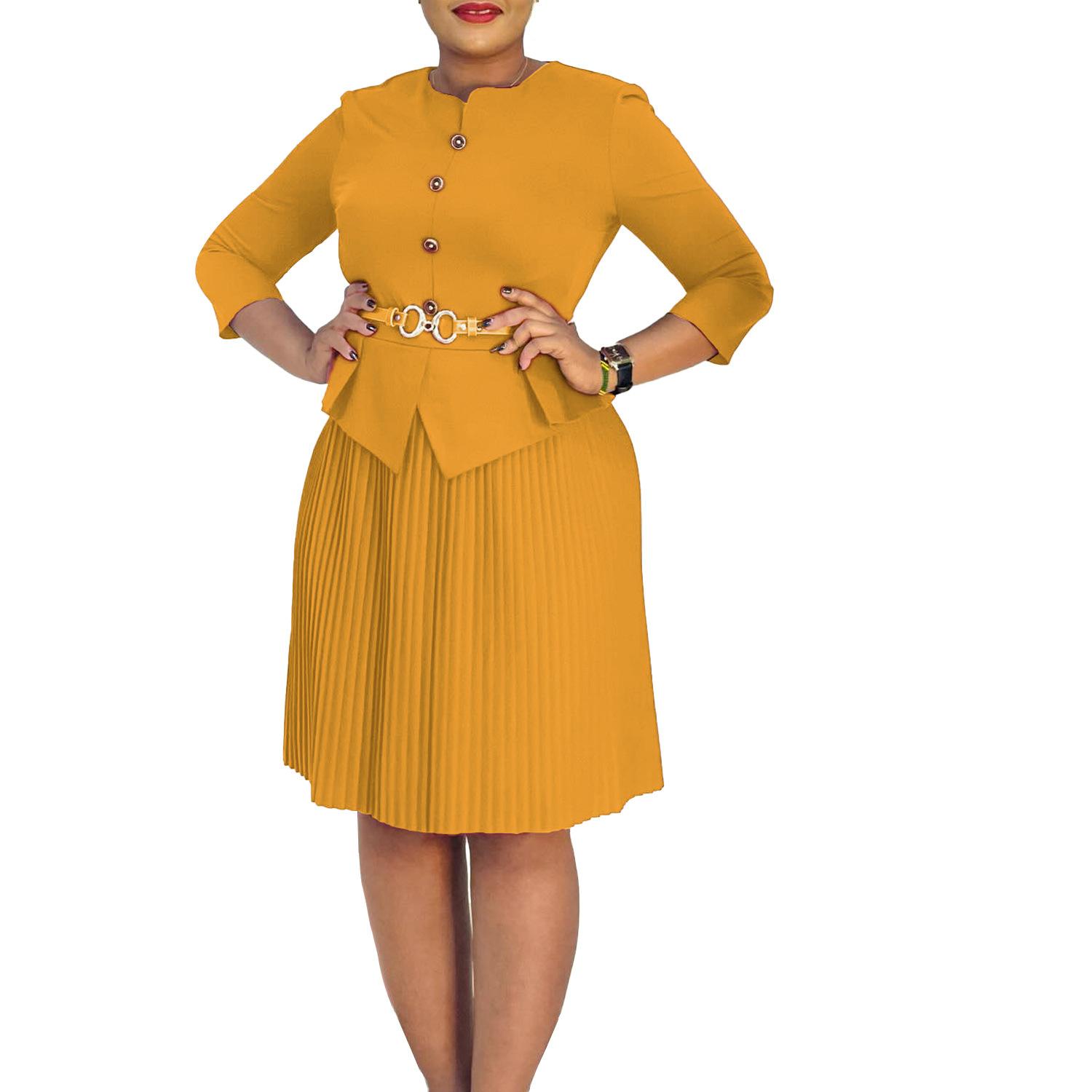 Fashion new large-size women s clothing solid color button fake two-piece dress autumn S жёлтый