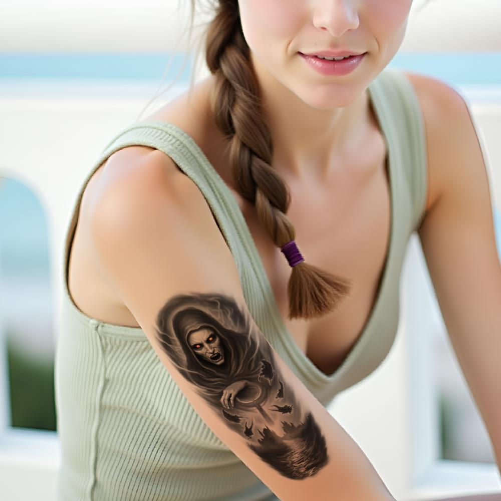 3pcs Temporary Tattoo Black And Grey Realism Bat Skeleton Skull With Flowers Skull With Roses For Adults Thighs Women