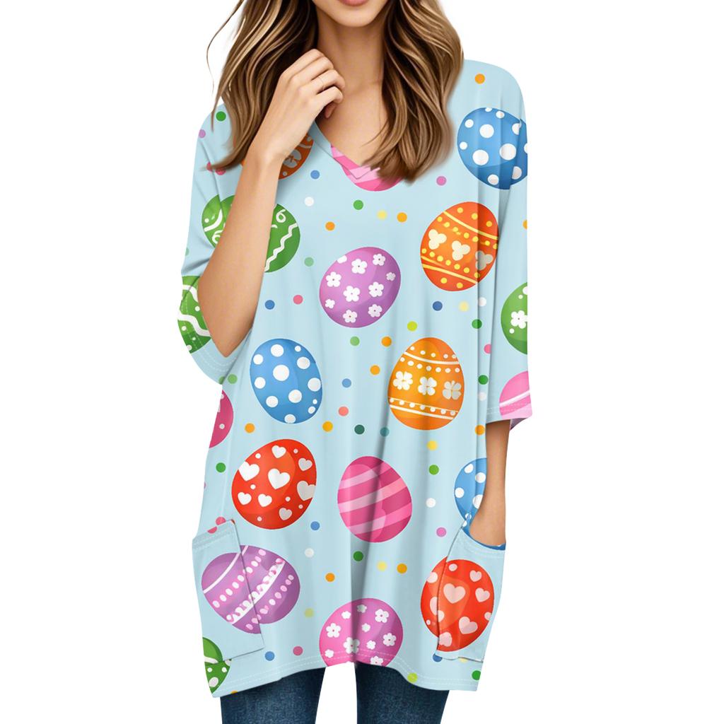 Womens Tops V-neck 3/4 Sleeve Blouses Casual Mid-length Shirts Fashion Print Tunic Tops With Pockets