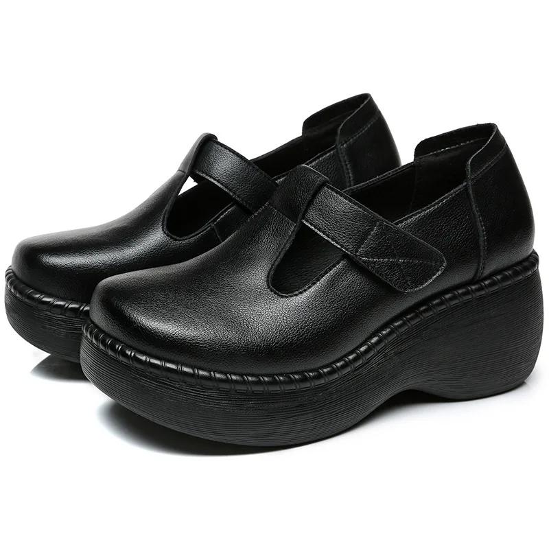 Fashion 2024New Genuine Leather Flat Platform Shoes For Women Retro Thick Heel Wedges Handmade Casual Shoes Leisure Ladies Platform Shoe