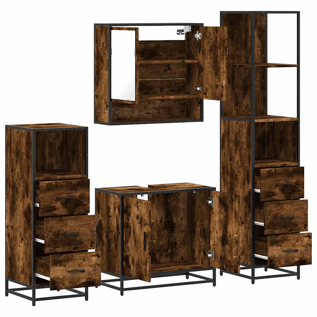 4 Piece Bathroom Furniture Set Smoked Oak Wood Based Material