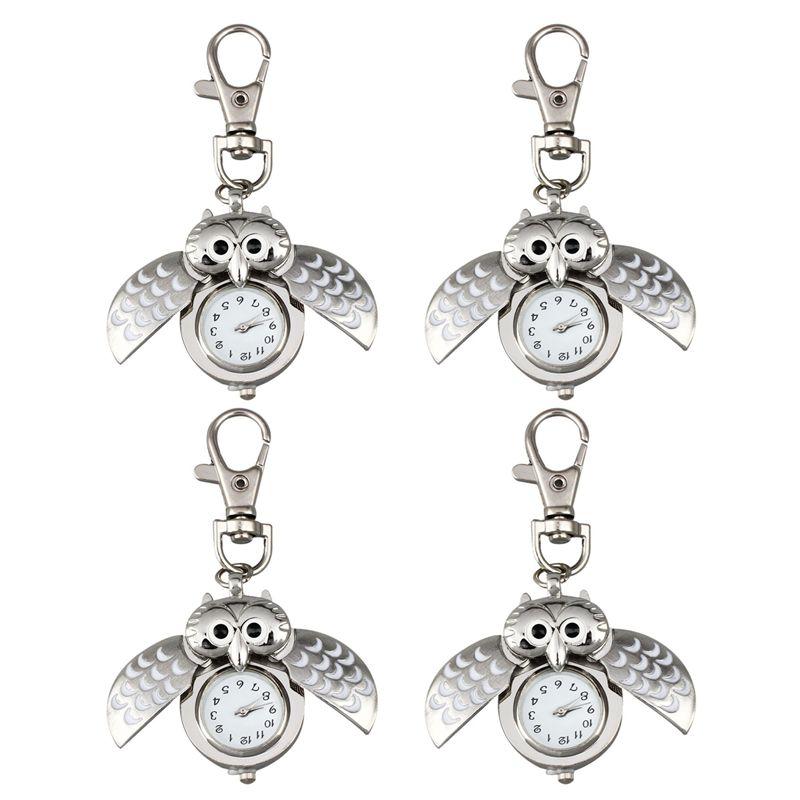 A95D-4X Owl Pocket Watch With Key Chain 40 X 25 Mm Silver серебро белый