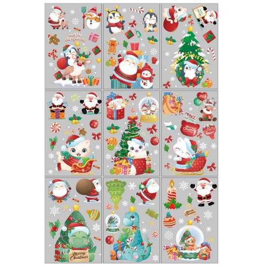 9Pcs/Set Christmas Stickers Self-adhesive Glass Film Snowman Elk Santa Claus Xmas Tree Patterns Removable
