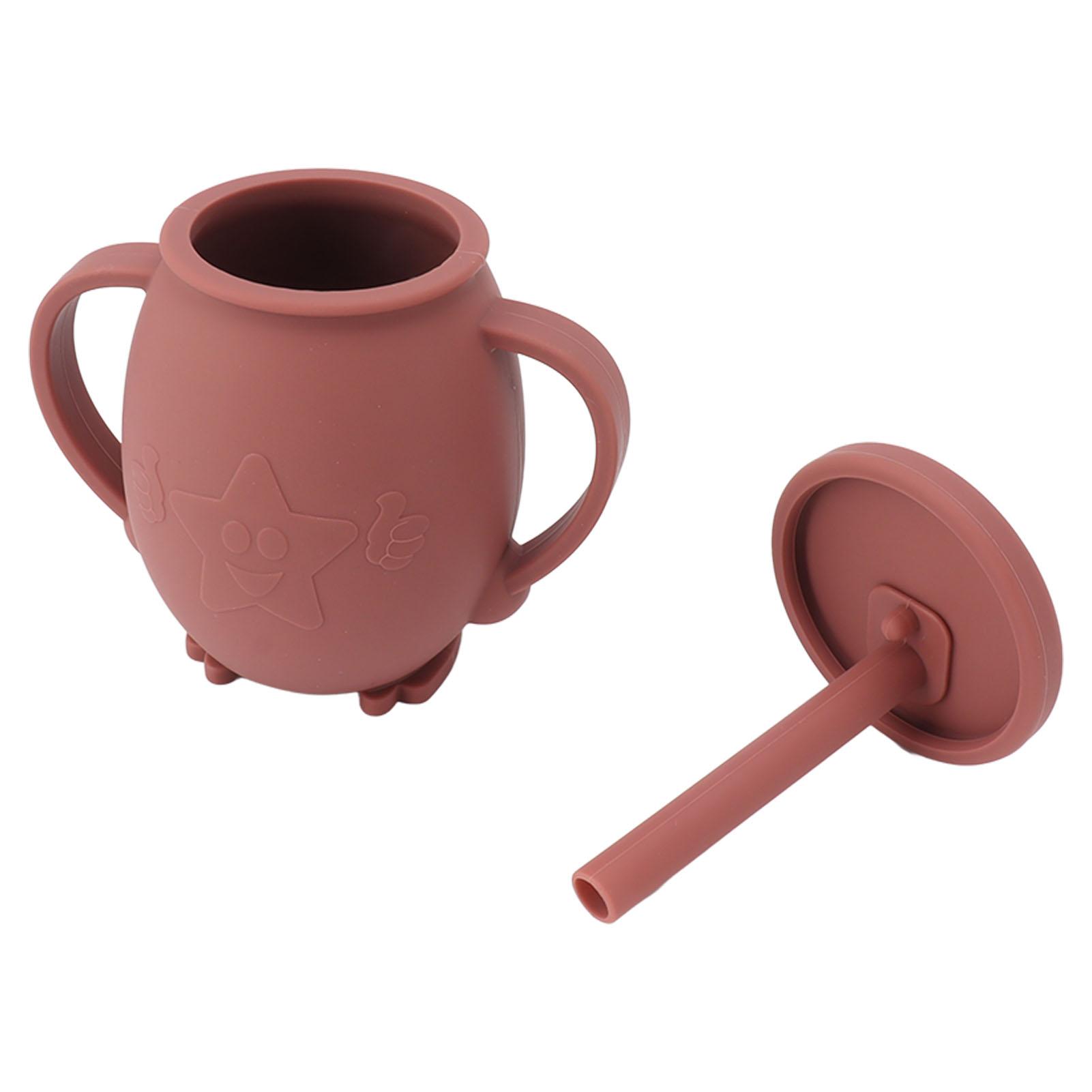 

230ml Toddler Cups Silicone Training Sippy Cups with Straw Lid Non Slip Handles Spill Proof Trainer Cup for Baby brown