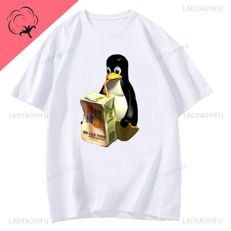 Camiseta Pinguim Linux Algodão Premium Roupa Masculina Lazer Harajuku Manga Camisetas Estéticas Camisetas Vintage Humor Streetwear