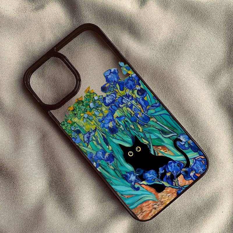 Retro Van Gogh Black Cat Phone Case for iPhone 16 14 15 13 11 12 Pro MAX XS XR 7 8Plus Oil Paint Transparent Hard Cover Cases