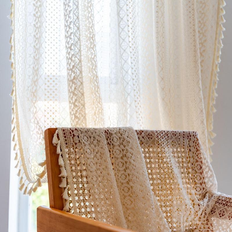 Pannelli Tende Trasparenti in Pizzo Bianco Beige, Motivo a Monete Filtranti la Luce Pronti all'Uso in Voile per Soggiorno Finestra a Golfo