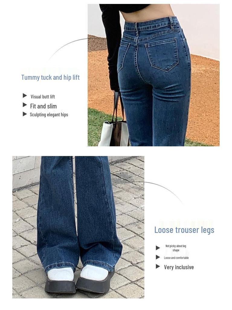 High-Waisted Blue-Gray Micro-Flare Jeans for Petite Women - 2025 Autumn Slimming Bell-Bottom Design