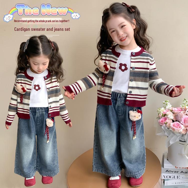 Girls' Korean Striped Cardigan & Baby Jeans Autumn Set 2025