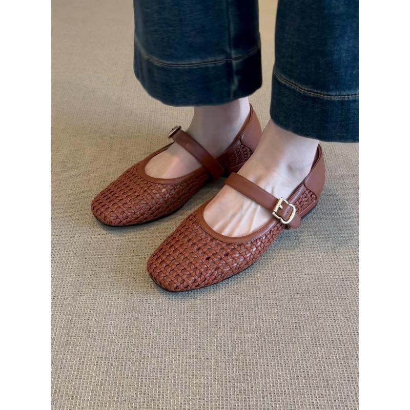 Sheepskin version niche hollow retro woven one-word strap single shoes women's summer new flat Mary Jane shoes hole shoes