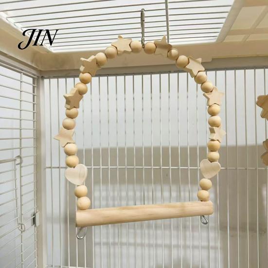 Bird Swing with Beads Parrot Perch, Solid Wood Perch Pole, Wooden Blocks And Cage Accessories Arch, Unpainted Toy for Small Medium Parrots Climbing