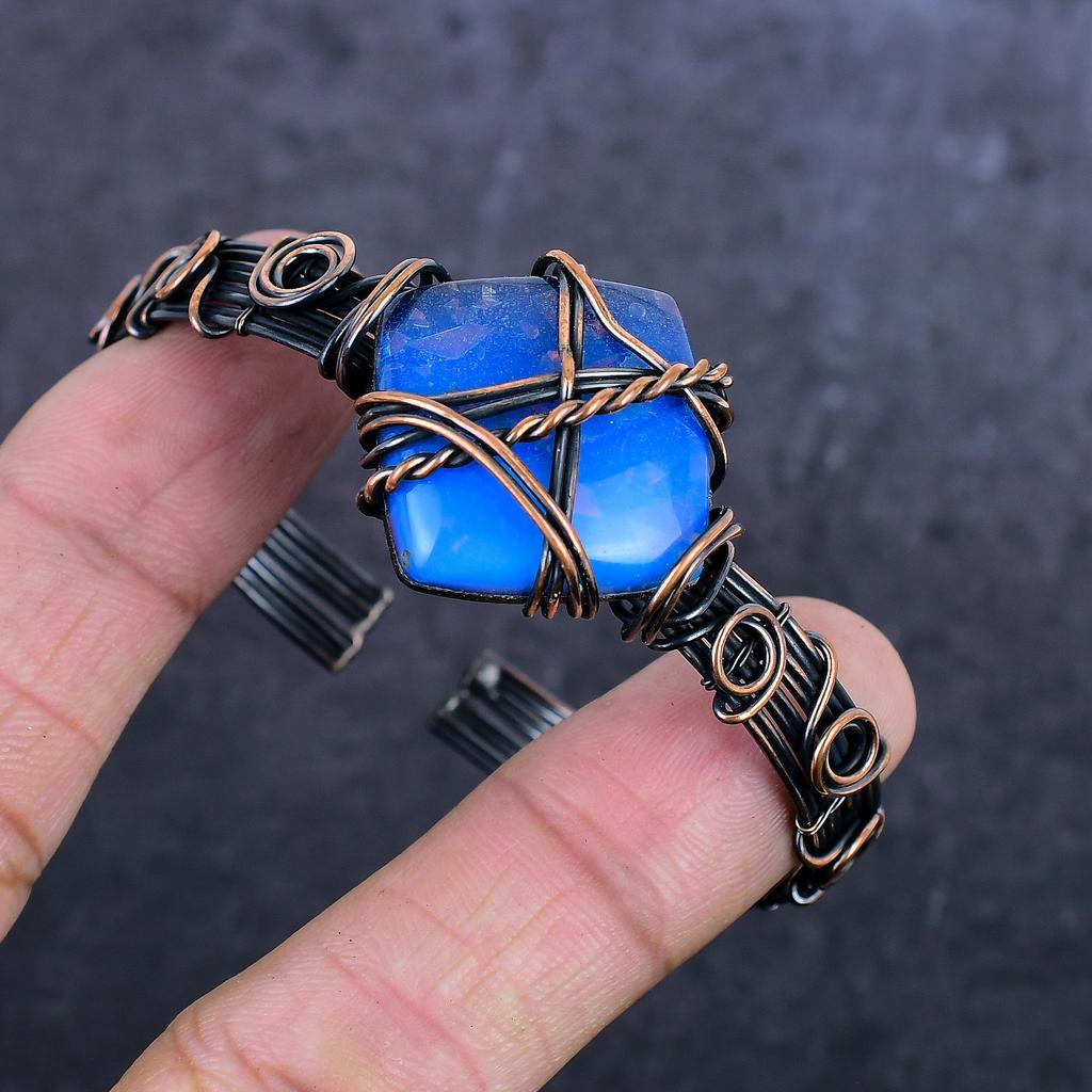 Blue Triplet Opal Gemstone Handmade Copper Wire Wrap Cuff Bangle Adjustable ET-4971