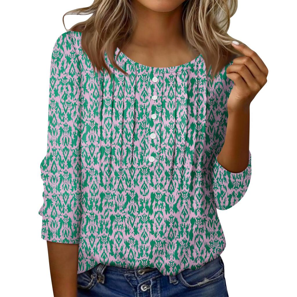 Women's Round Neck Pull Stripe Decorative Button Top Casual Solid Color 3/4 Sleeve T Shirt