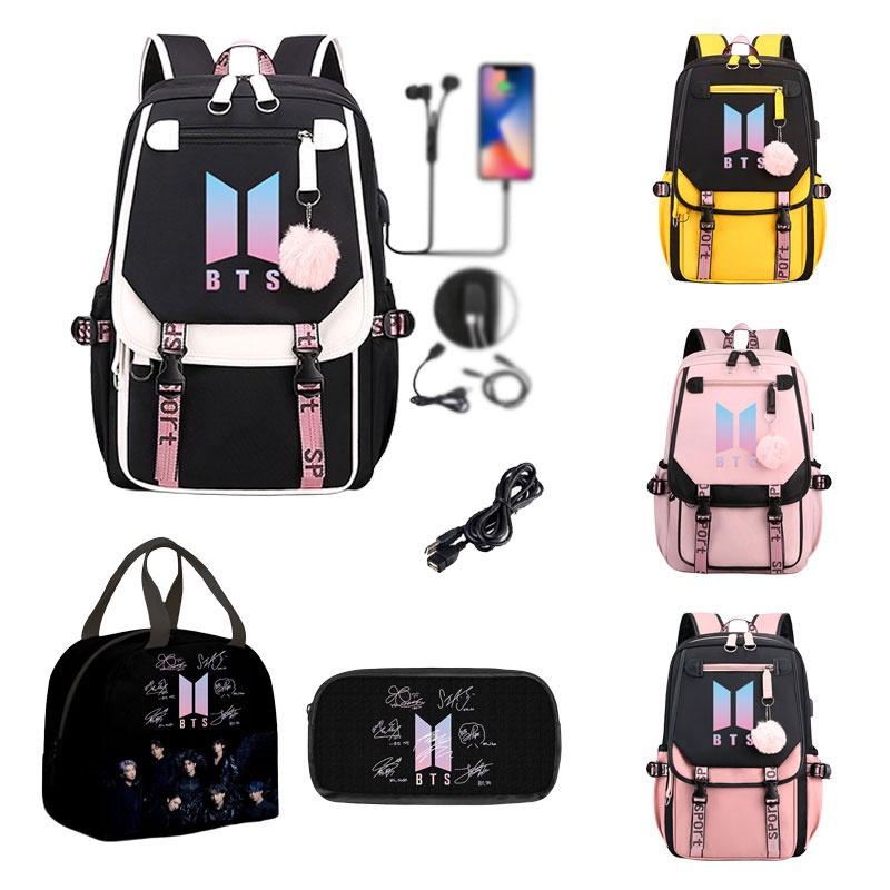 Uroczy plecak BTS z tkaniny Oxford z ładowaniem USB, idealny dla uczniów szkół podstawowych i średnich, pojemność 20-35 l