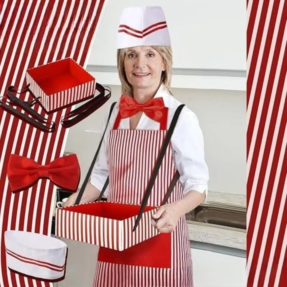 Carnivals Circus Waiter Cosplay Apron with Hat Red and White Stripe Chef Costume Roleplay Theme Party Kitchen Uniforms Dress Up