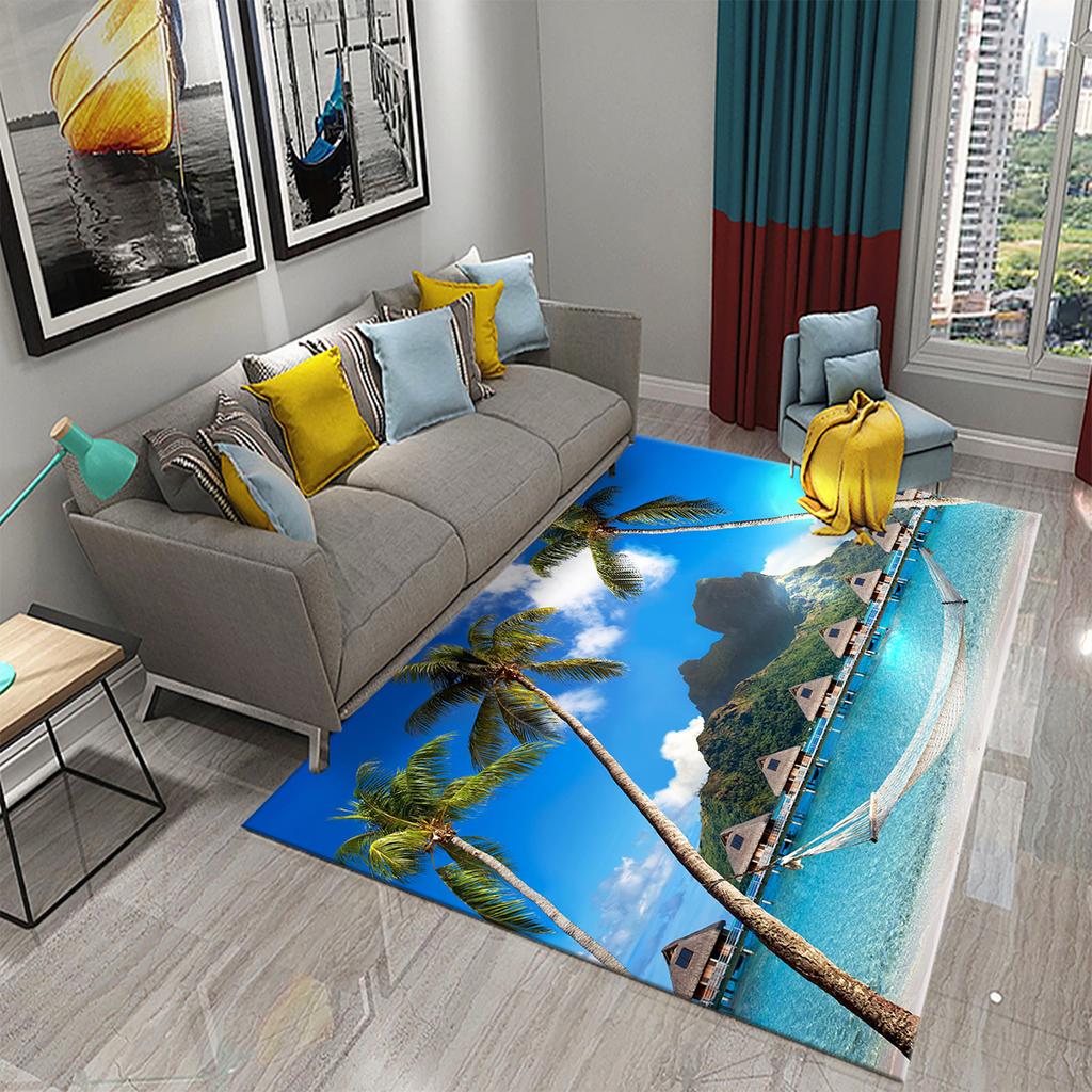 3D Tropical Island Ocean Beach Print Carpet for Kitchen Bathroom Living Room Bedroom Non-slip Absorbent Modern Home Decor Carpet