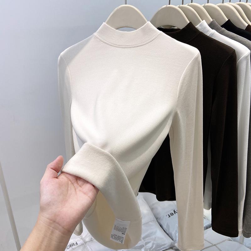 Autumn/Winter 2025 Women's Ribbed Half-High Neck Velvet-Lined Base Layer Shirt with Stand Collar