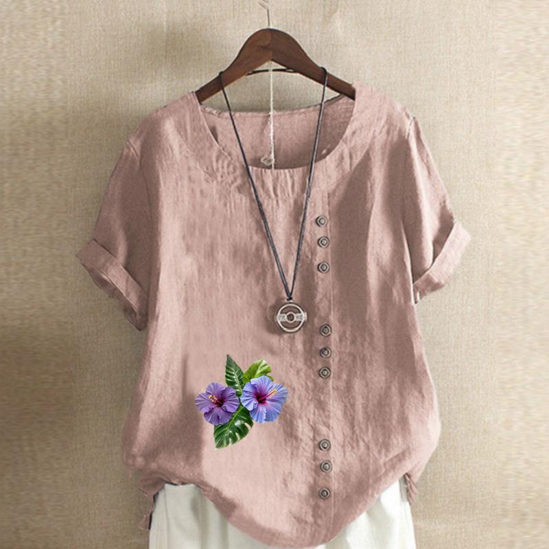 Women's New Fashion Linen Shirt Round Neck Short Sleeve Purple Flowers Printed T-shirt Summer Ladies Casual Plus Size Blouse Tops