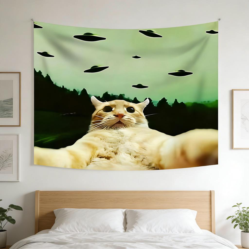 UFO Alien Cat MultiScene Decorative Tapestry for Living Room Bedroom Office Bar Party Wall Art MultiSize Flat Print Design