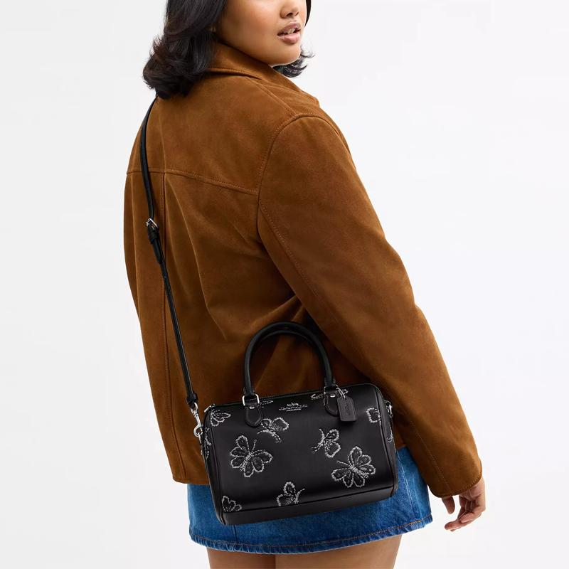 Coach Rowan 25 Butterfly Print Adjustable Shoulder Strap Smooth Leather Crossbody Tote Bag Medium Women handbags Silver Black CCK88-SVBK