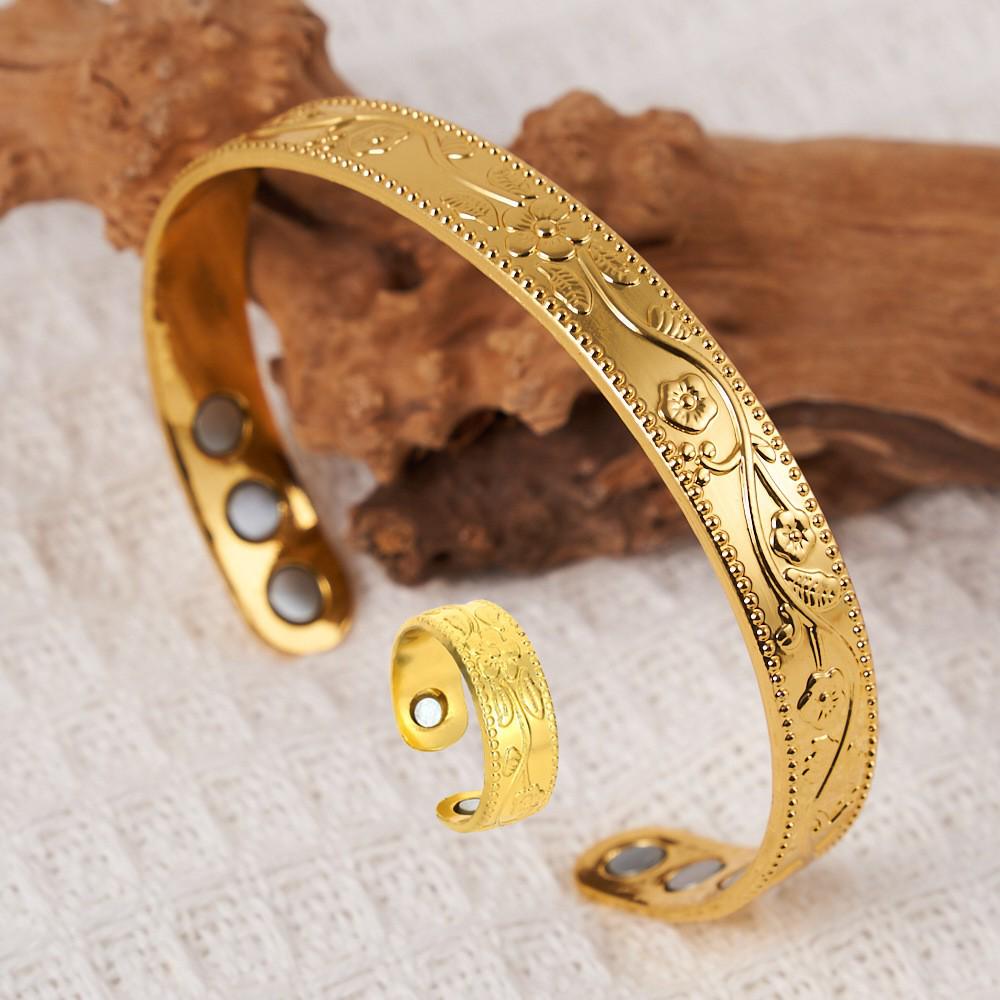Retro Style Flower Magnet Bracelet & Ring Set In Red Copper for Couples