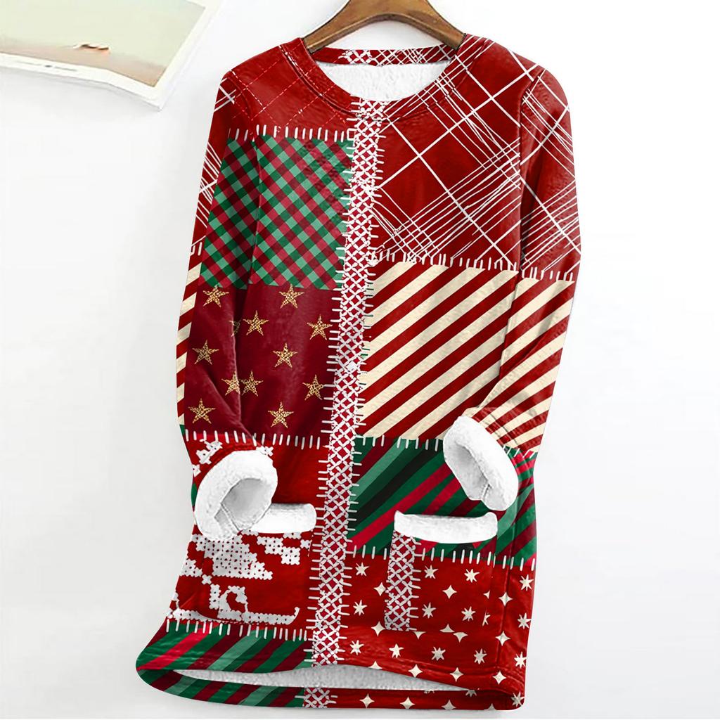 Women's Fashion Plaid Print Round Neck Long Sleeve Plush Winter Warm Pullover Top